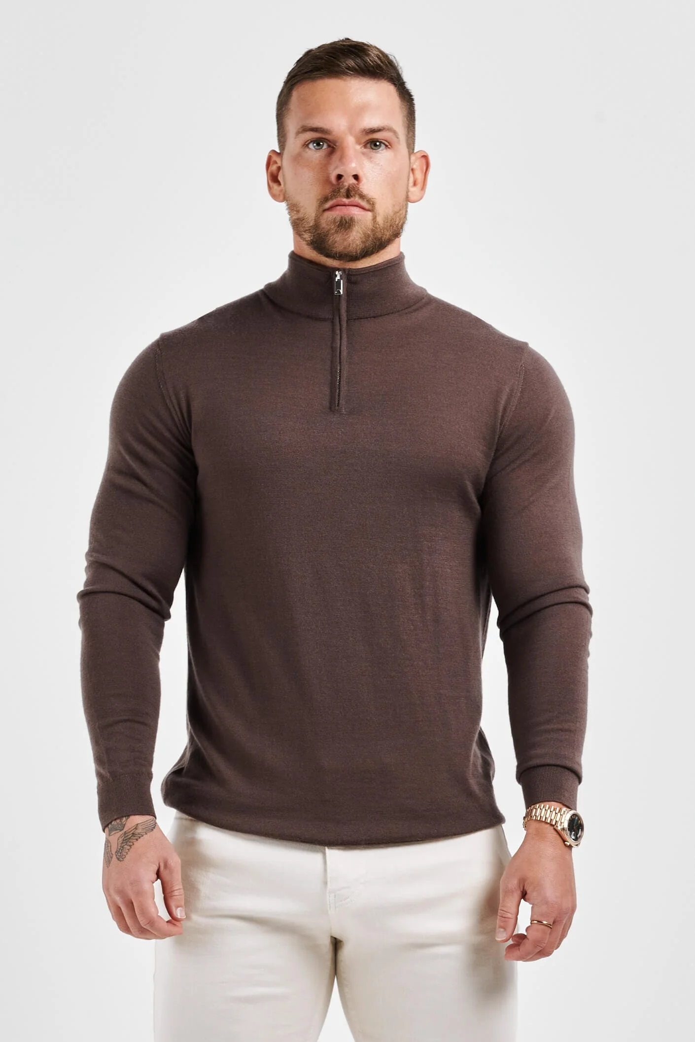 KNIT QUARTER ZIP SWEATER - BROWN - Image 2