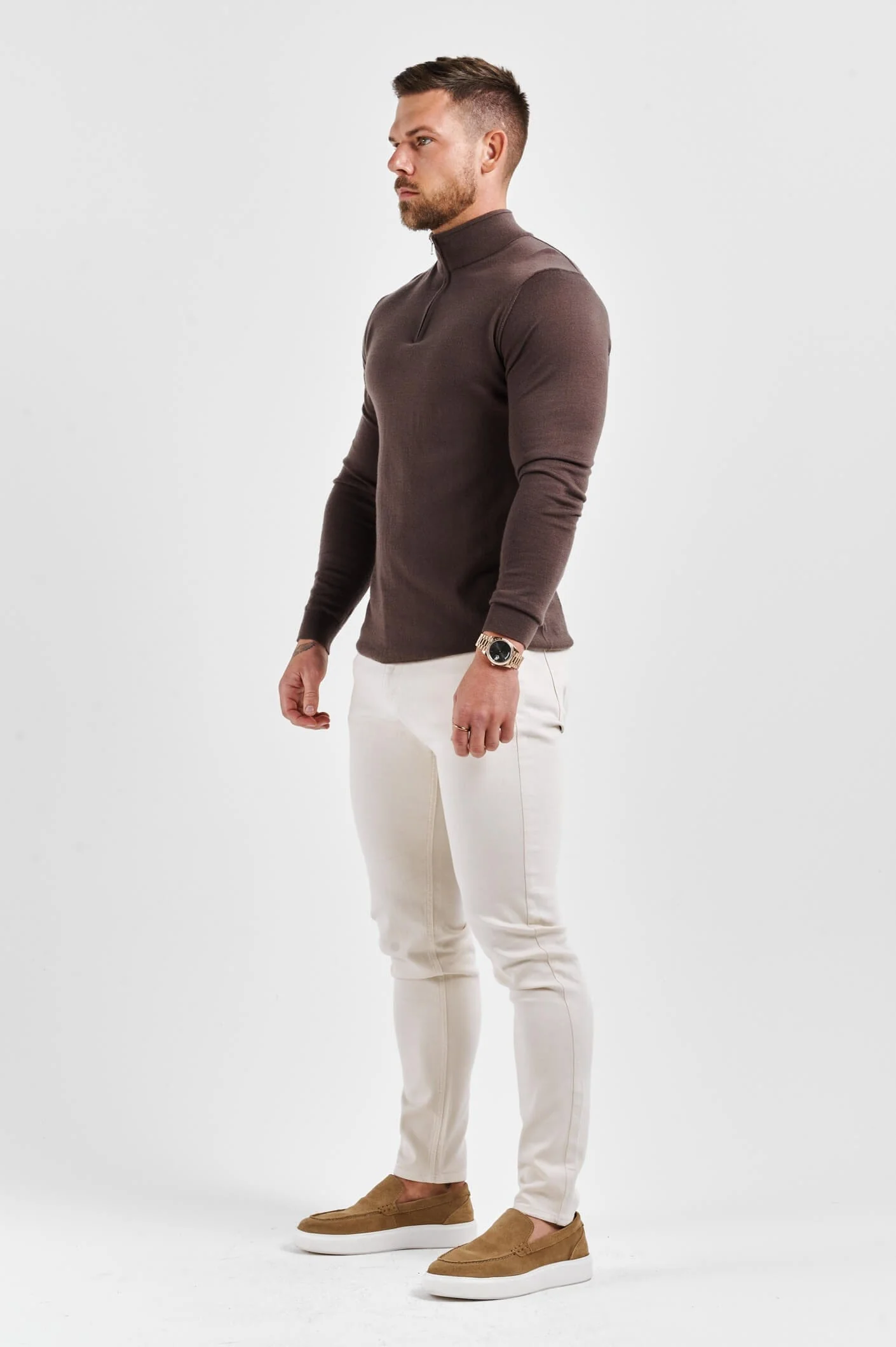 KNIT QUARTER ZIP SWEATER - BROWN - Image 3