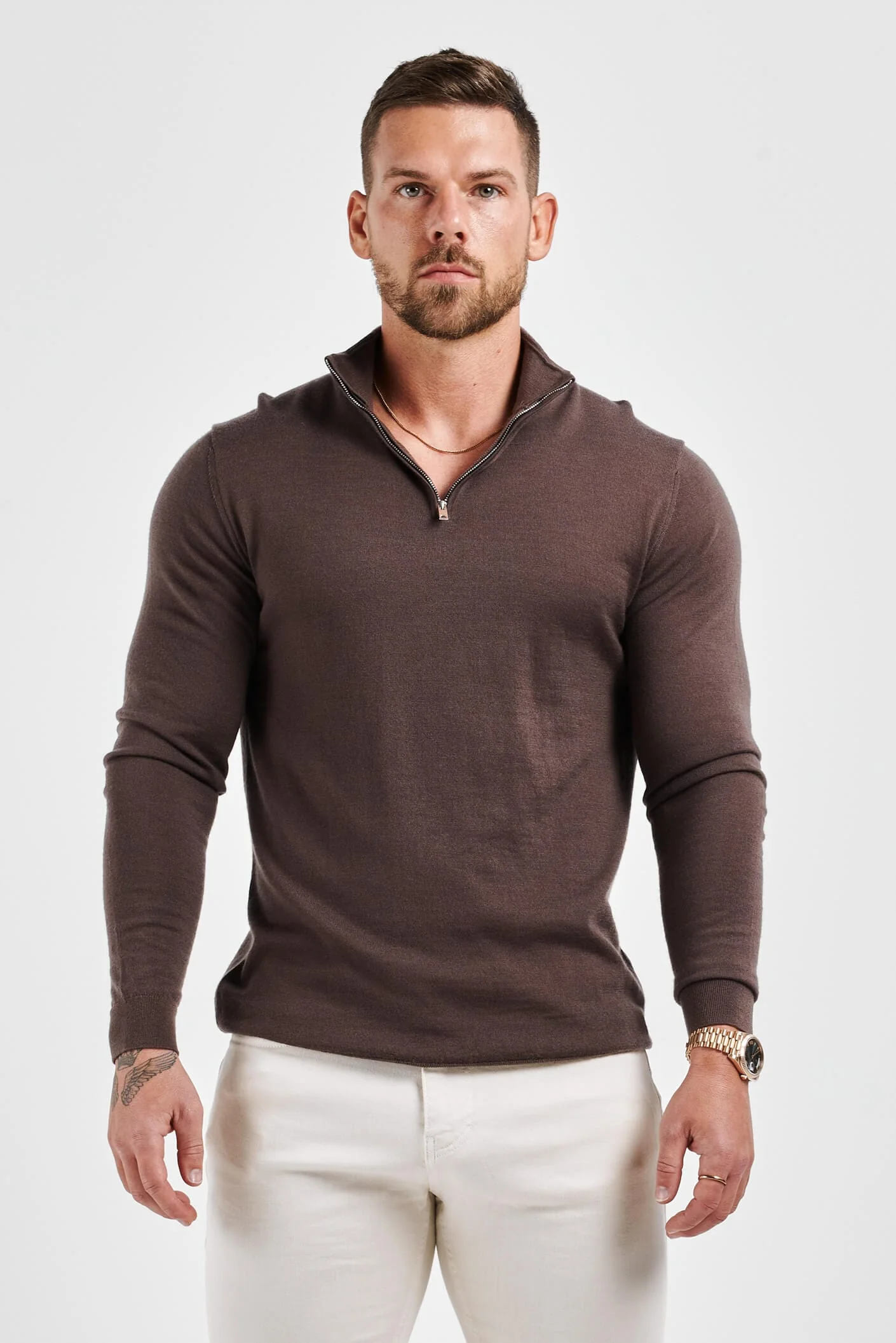 KNIT QUARTER ZIP SWEATER - BROWN - Image 5