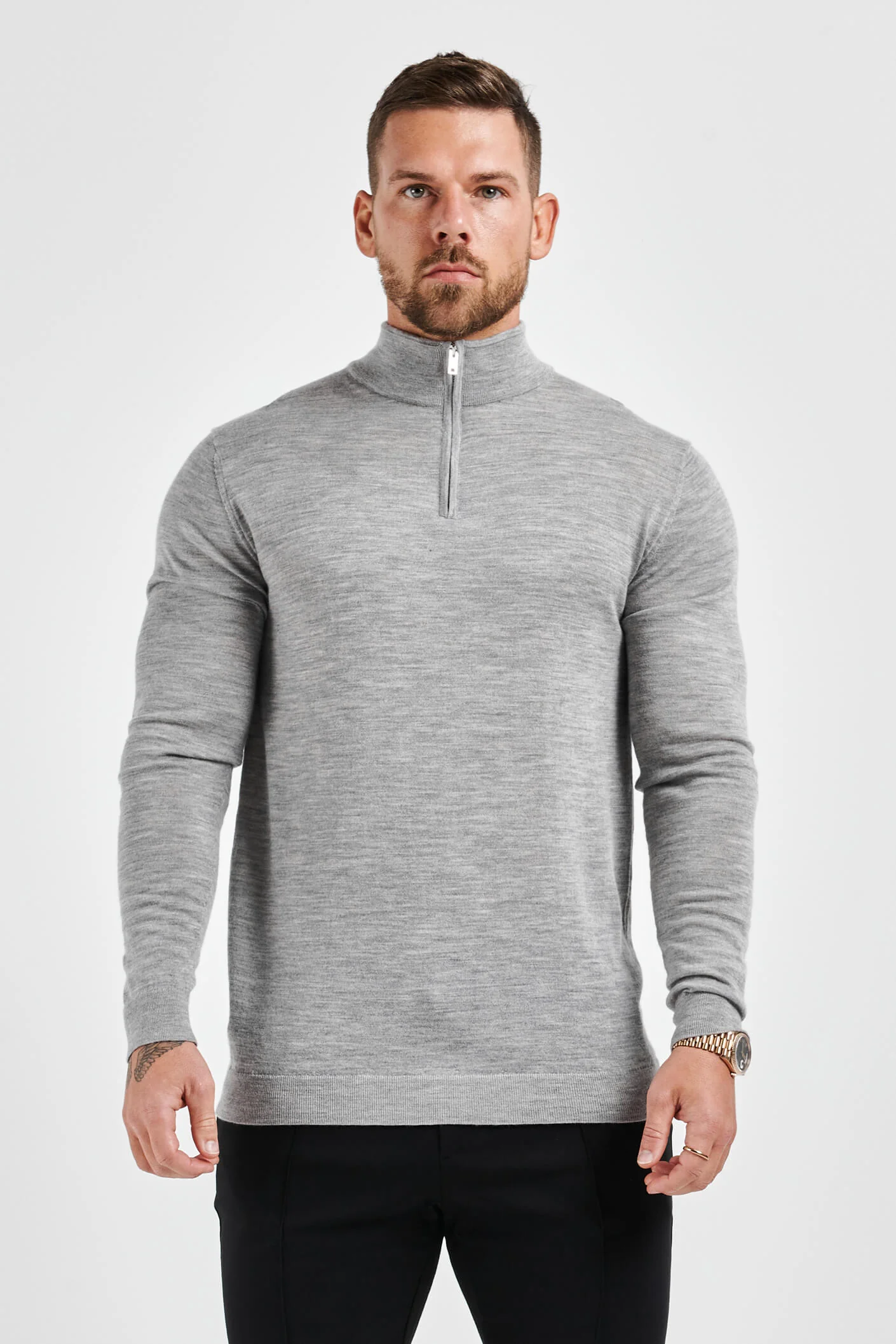 KNIT QUARTER ZIP SWEATER - GREY MARL - Image 2