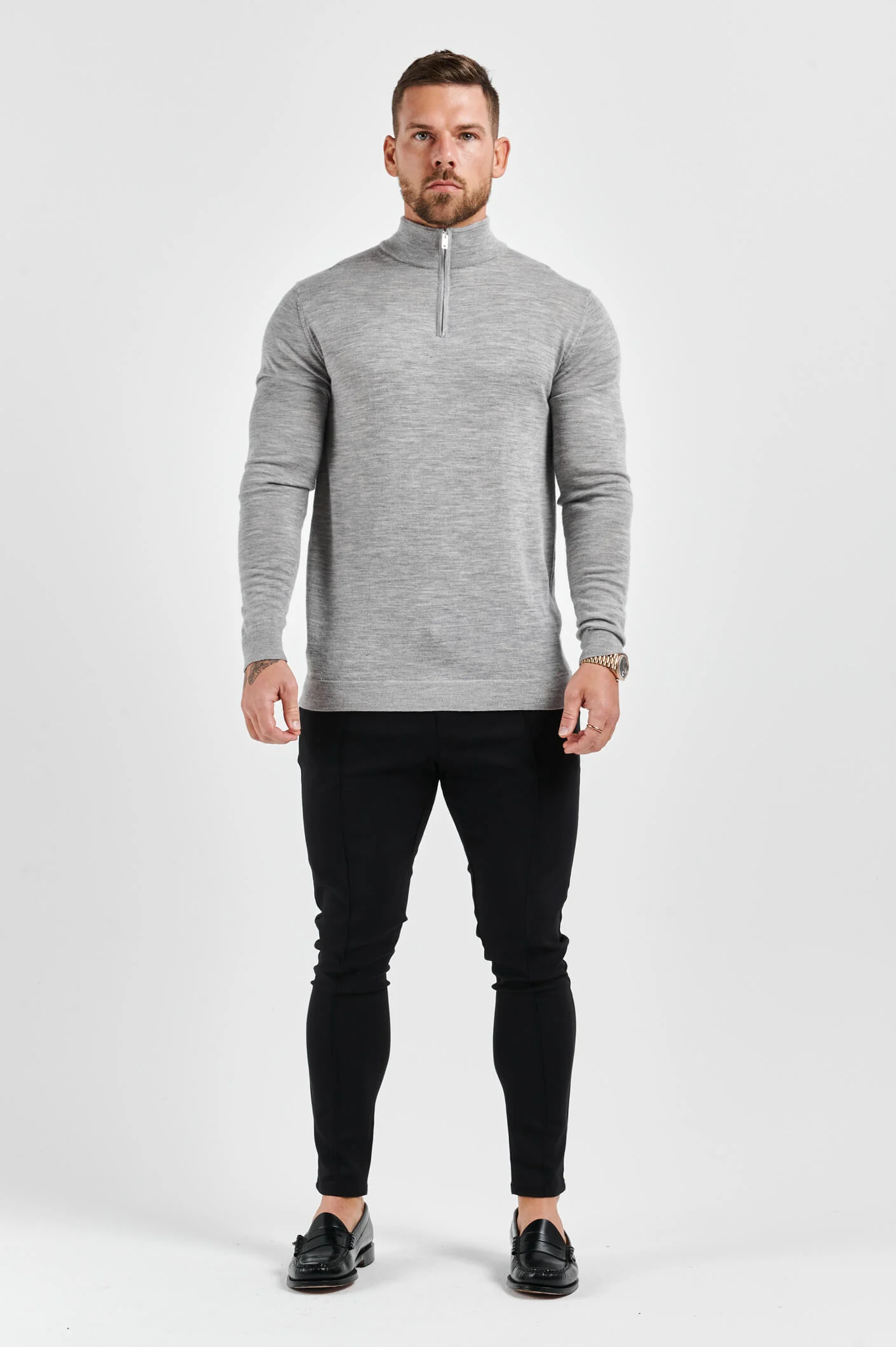 KNIT QUARTER ZIP SWEATER - GREY MARL - Image 4