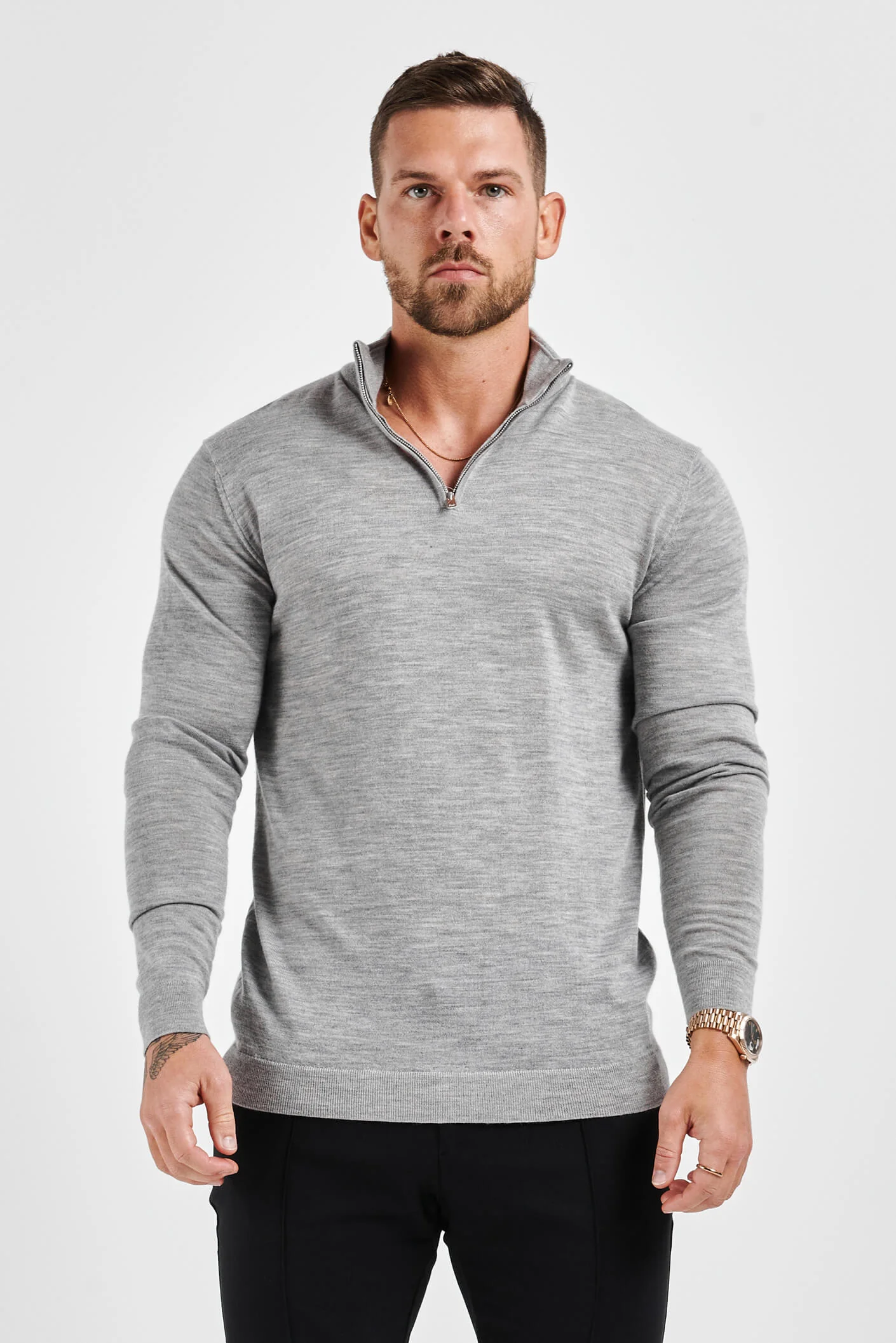 KNIT QUARTER ZIP SWEATER - GREY MARL - Image 6