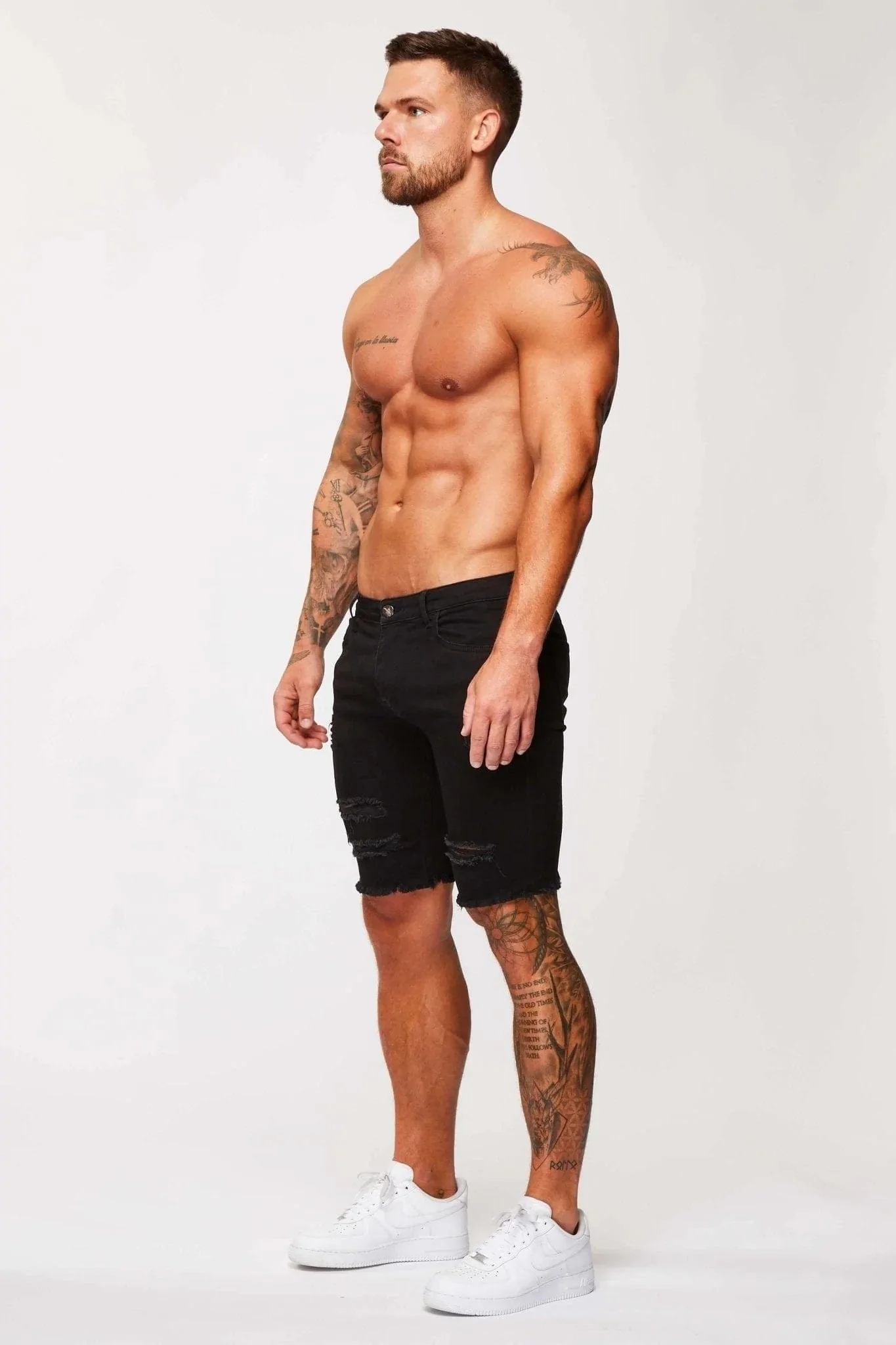 BLACK DENIM SHORTS - RIPPED & REPAIRED - Image 3