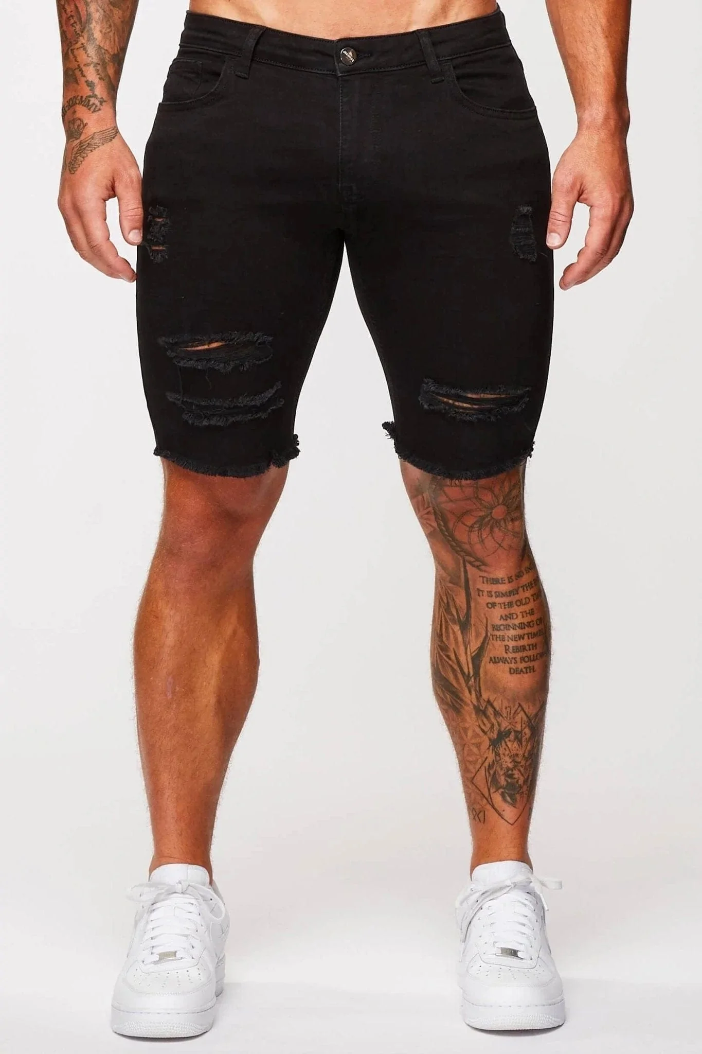 BLACK DENIM SHORTS - RIPPED & REPAIRED - Image 5