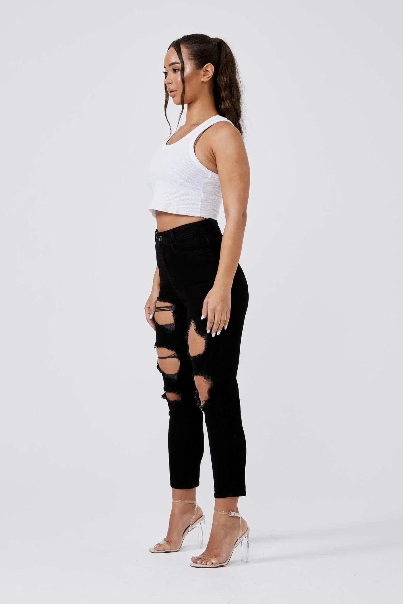 MOM JEANS MULTI RIPPED - BLACK - Image 4