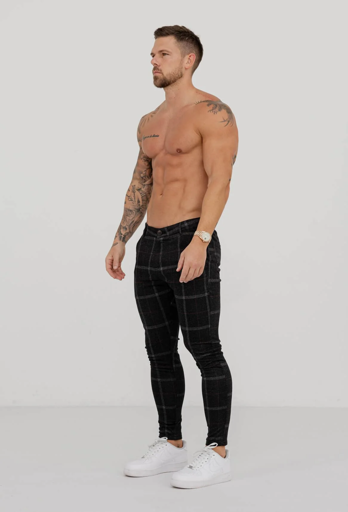 CHECKERED STRETCH TROUSERS - BLACK - Image 4