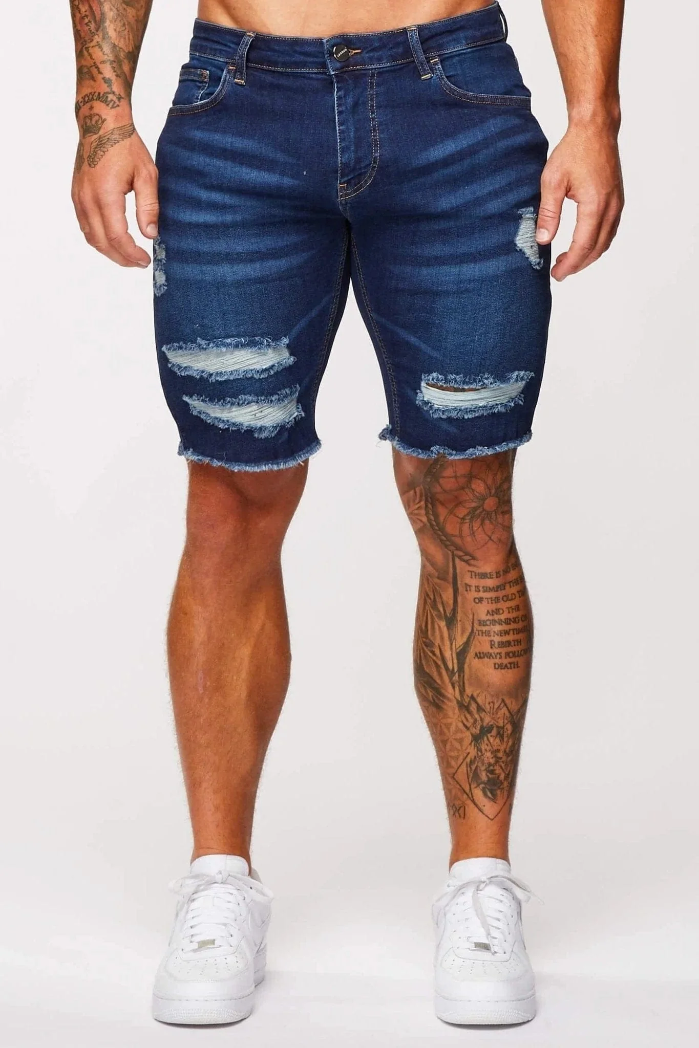 DARK BLUE DENIM SHORTS - RIPPED & REPAIRED - Image 3