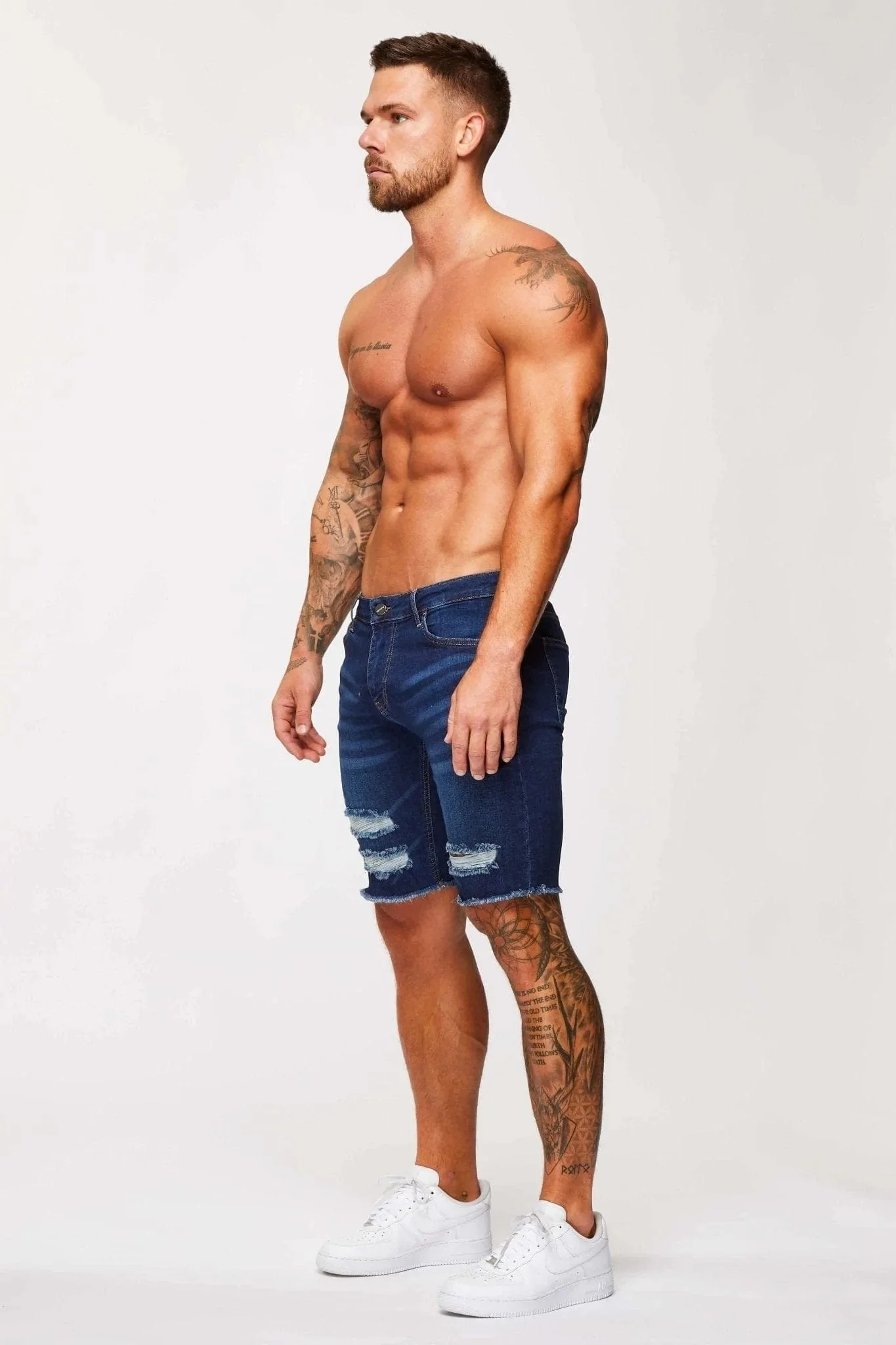 DARK BLUE DENIM SHORTS - RIPPED & REPAIRED - Image 4