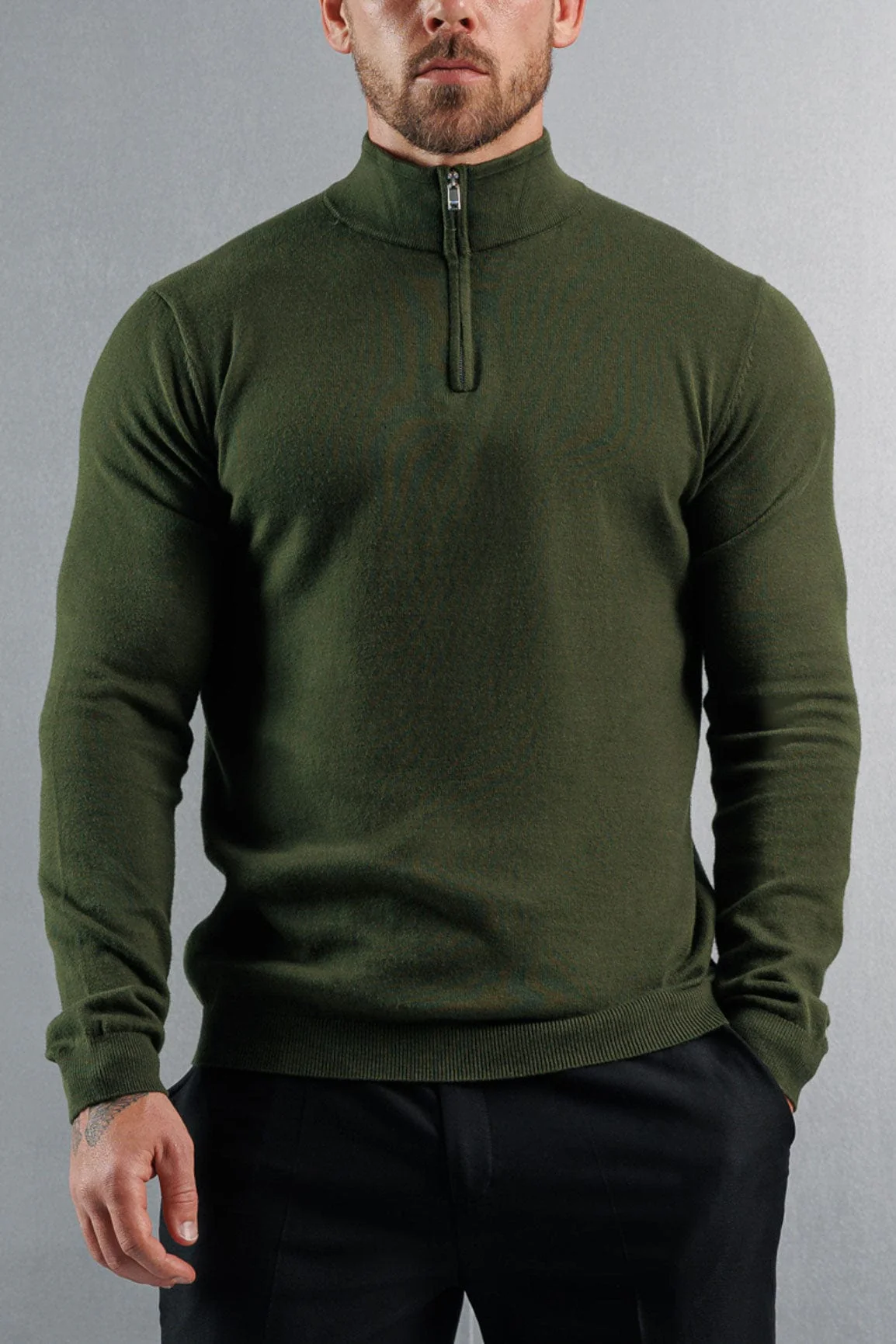 KNIT QUARTER ZIP SWEATER - DARK OLIVE