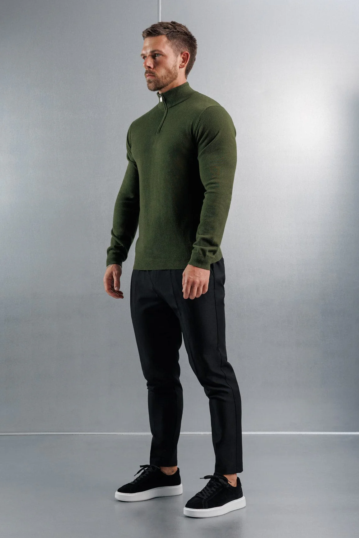 KNIT QUARTER ZIP SWEATER - DARK OLIVE - Image 3