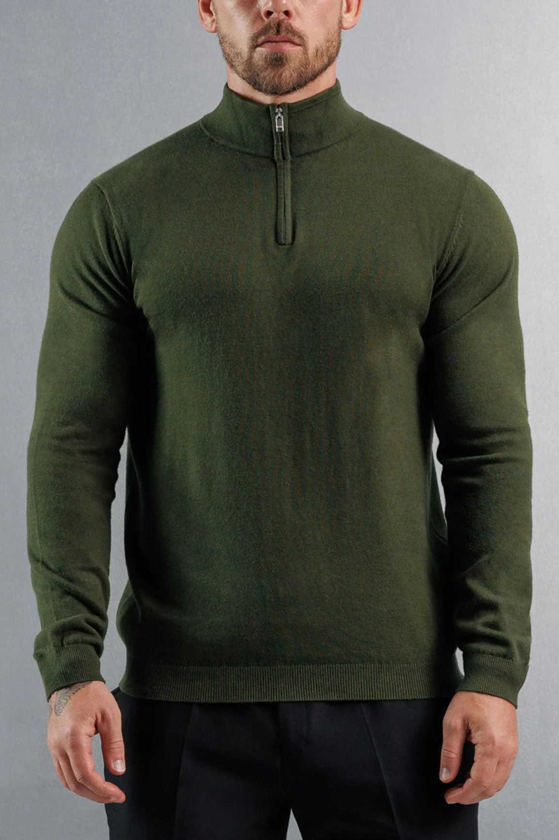 KNIT QUARTER ZIP SWEATER - DARK OLIVE - Image 4