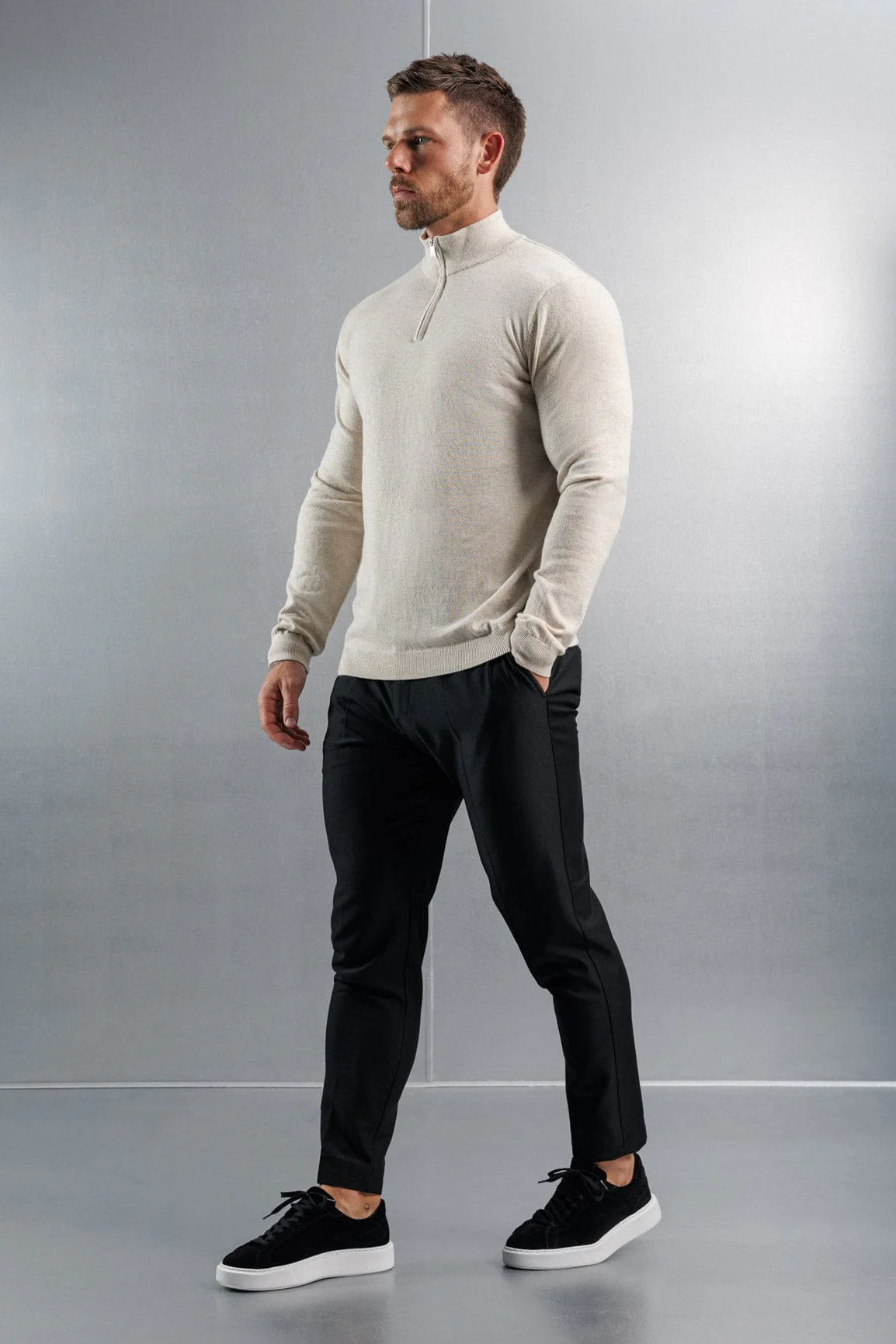 KNIT QUARTER ZIP SWEATER - STONE - Image 3