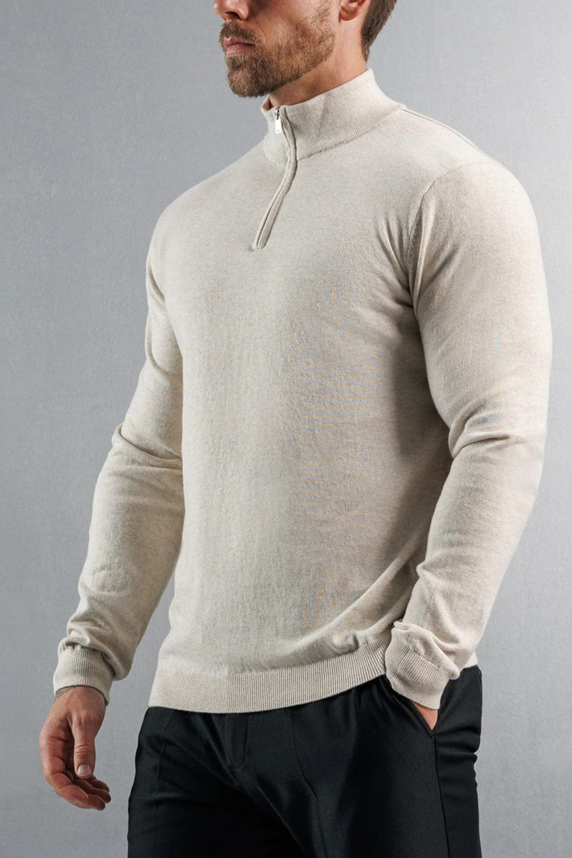 KNIT QUARTER ZIP SWEATER - STONE - Image 4