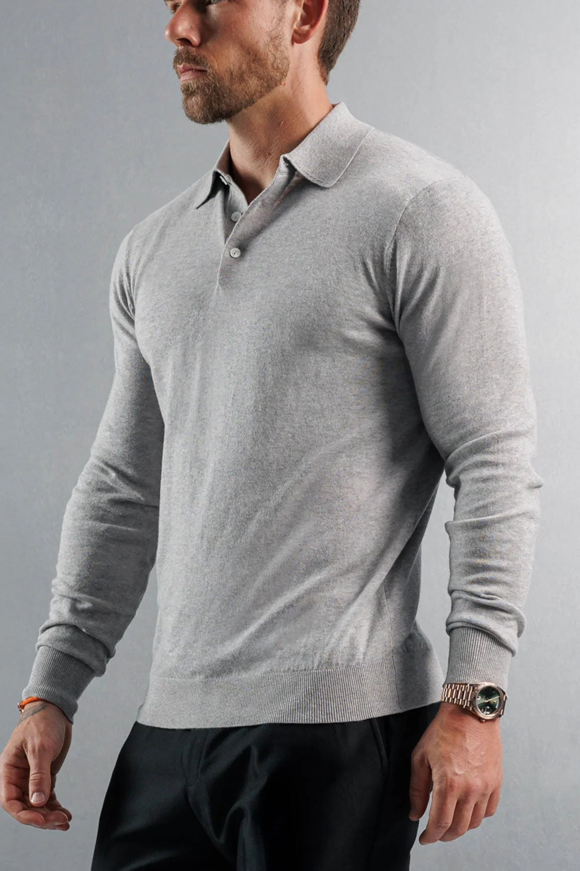 KNITTED POLO LONG SLEEVE - GREY - Image 4