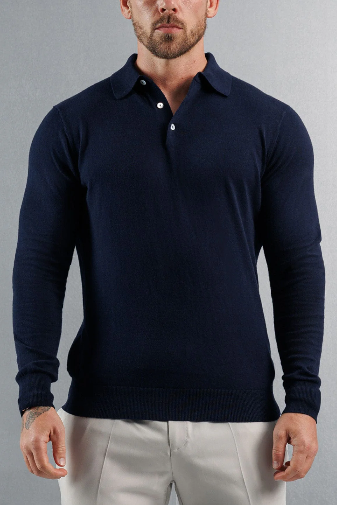 KNITTED POLO LONG SLEEVE - NAVY - Image 3