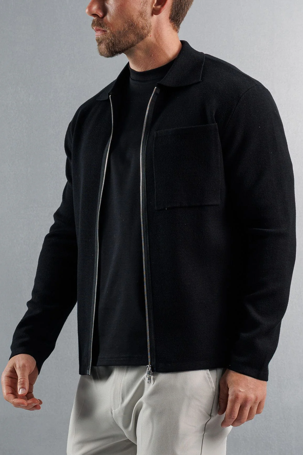 KNITTED ZIP UP CARDIGAN - BLACK - Image 3