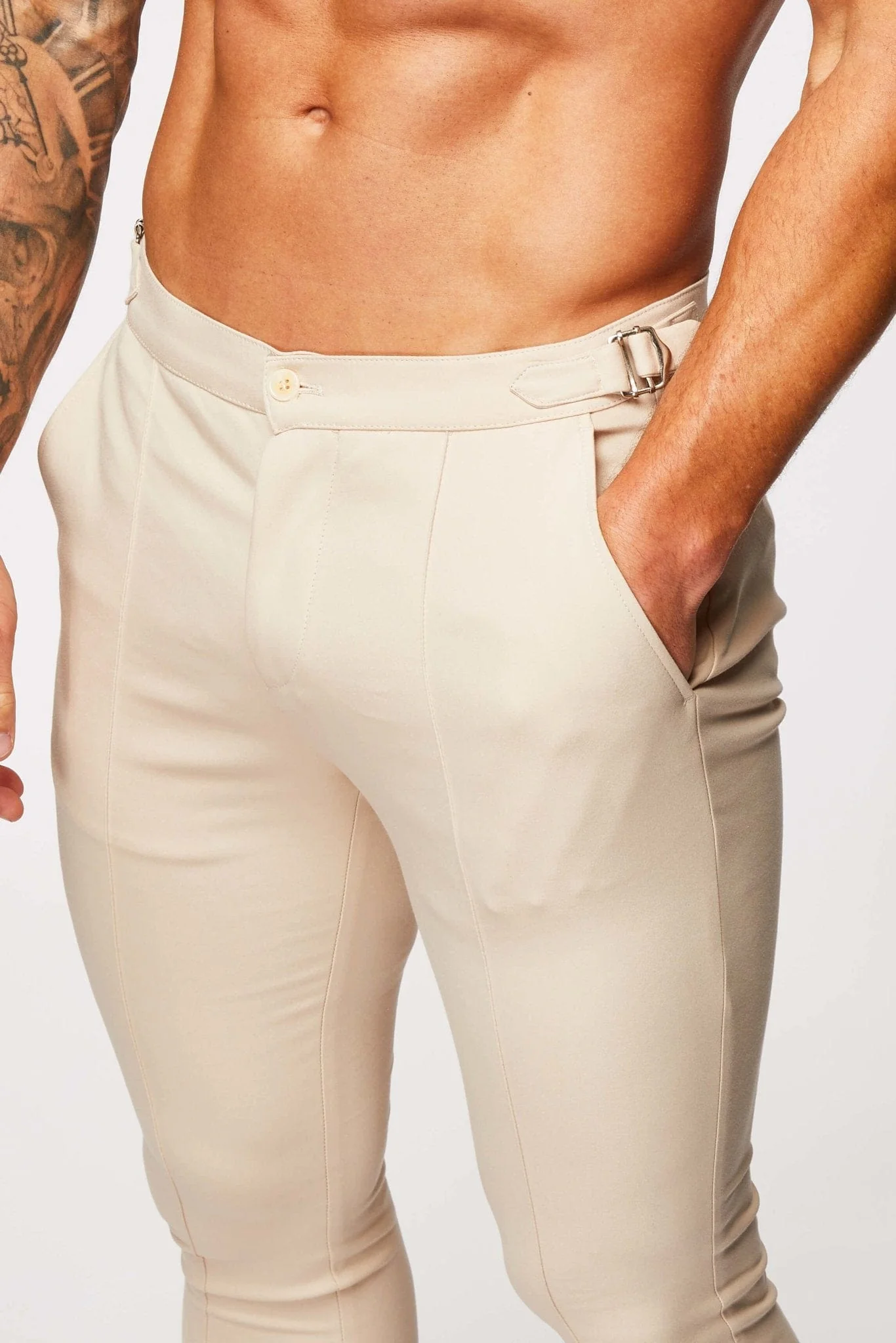 PLAIN STRETCH TROUSER W/ SIDE CINCH - BEIGE - Image 6