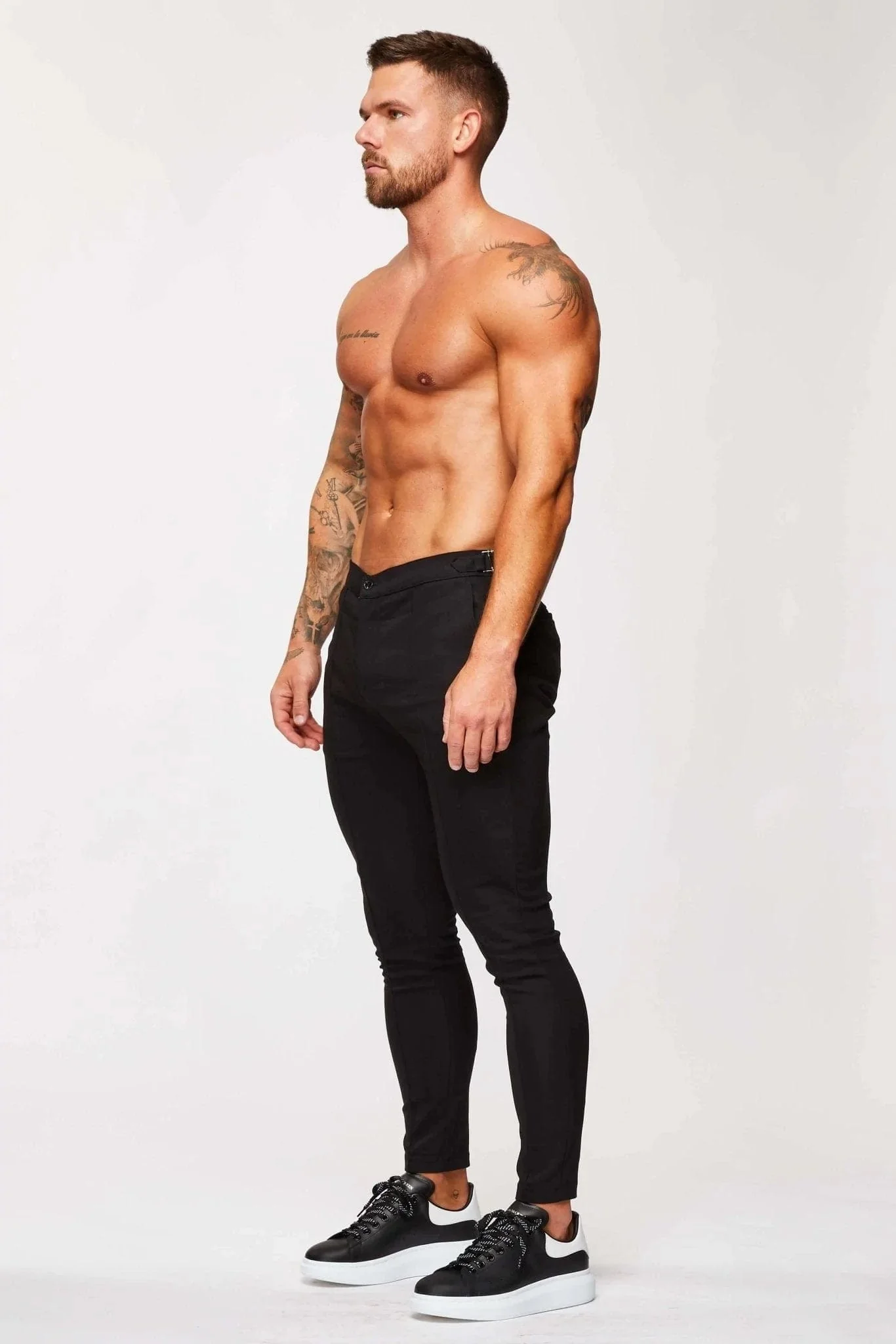 PLAIN STRETCH TROUSER W/ SIDE CINCH - BLACK - Image 4