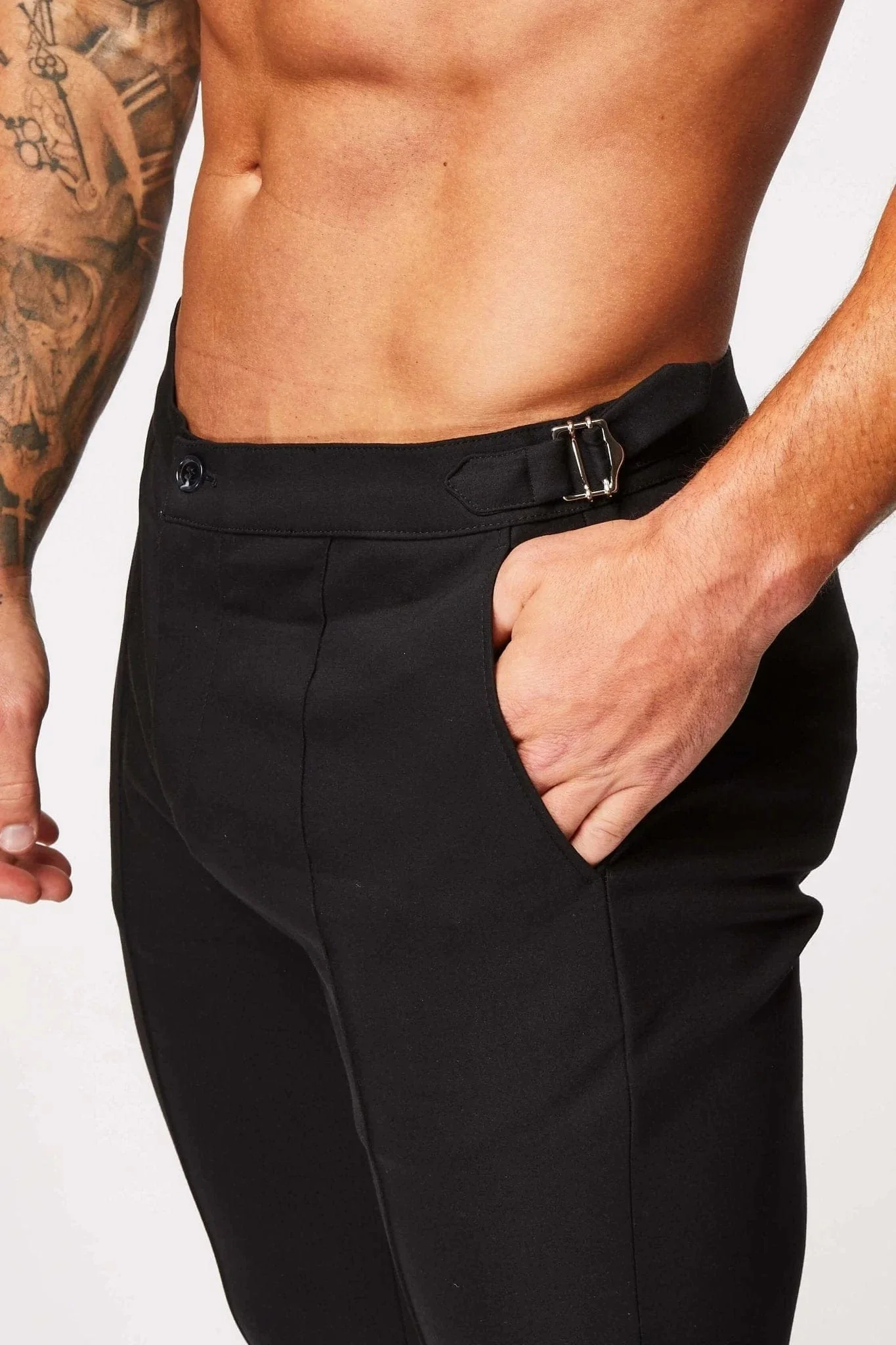 PLAIN STRETCH TROUSER W/ SIDE CINCH - BLACK - Image 6