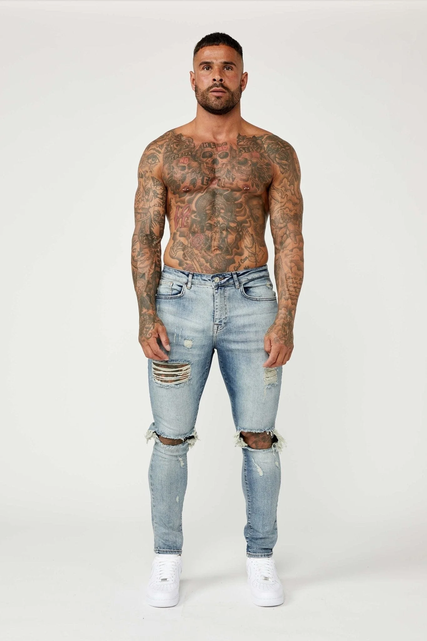SKINNY FIT JEANS - MID BLUE RIPPED & REPAIRED - Image 2