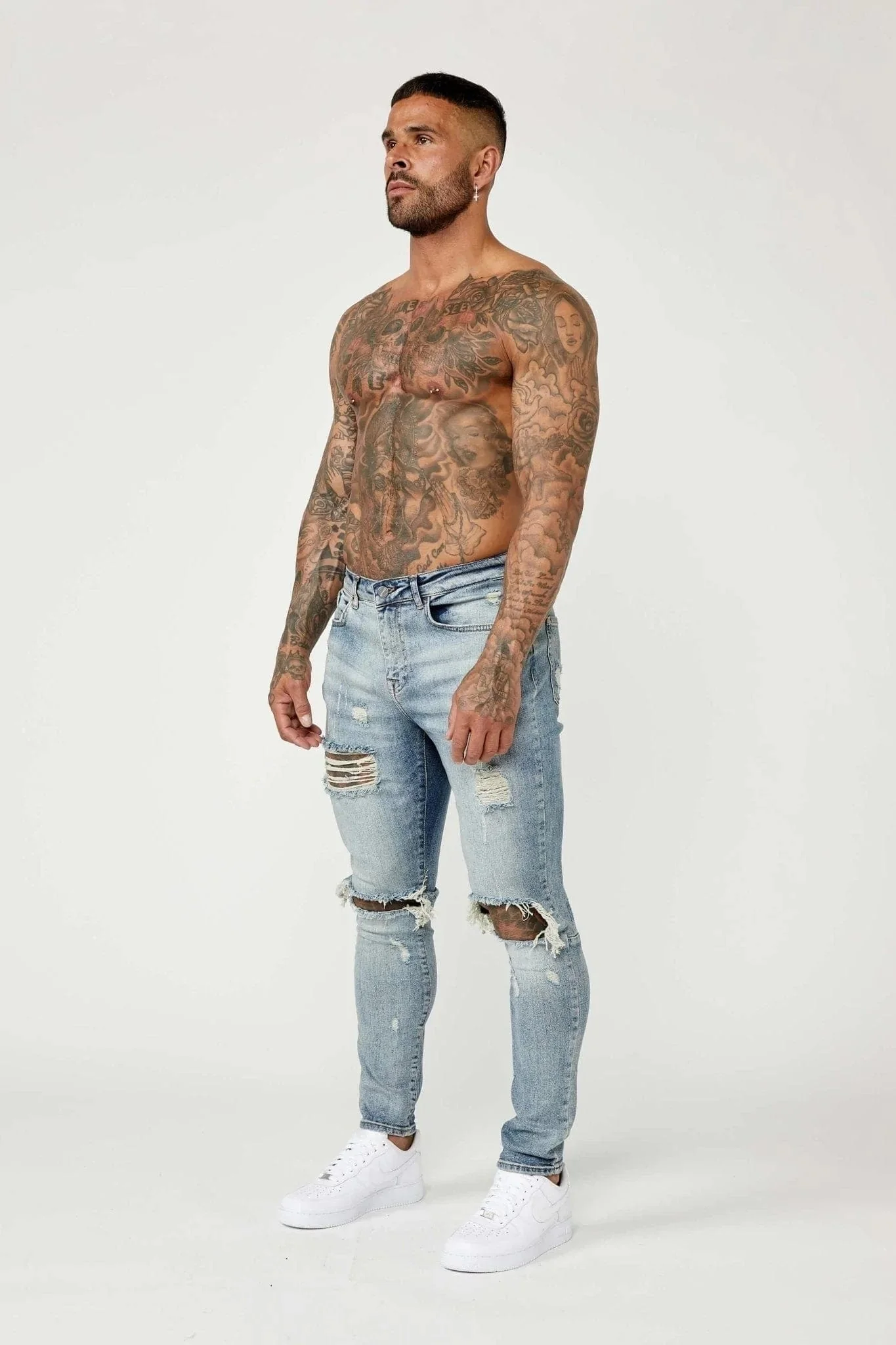 SKINNY FIT JEANS - MID BLUE RIPPED & REPAIRED - Image 3