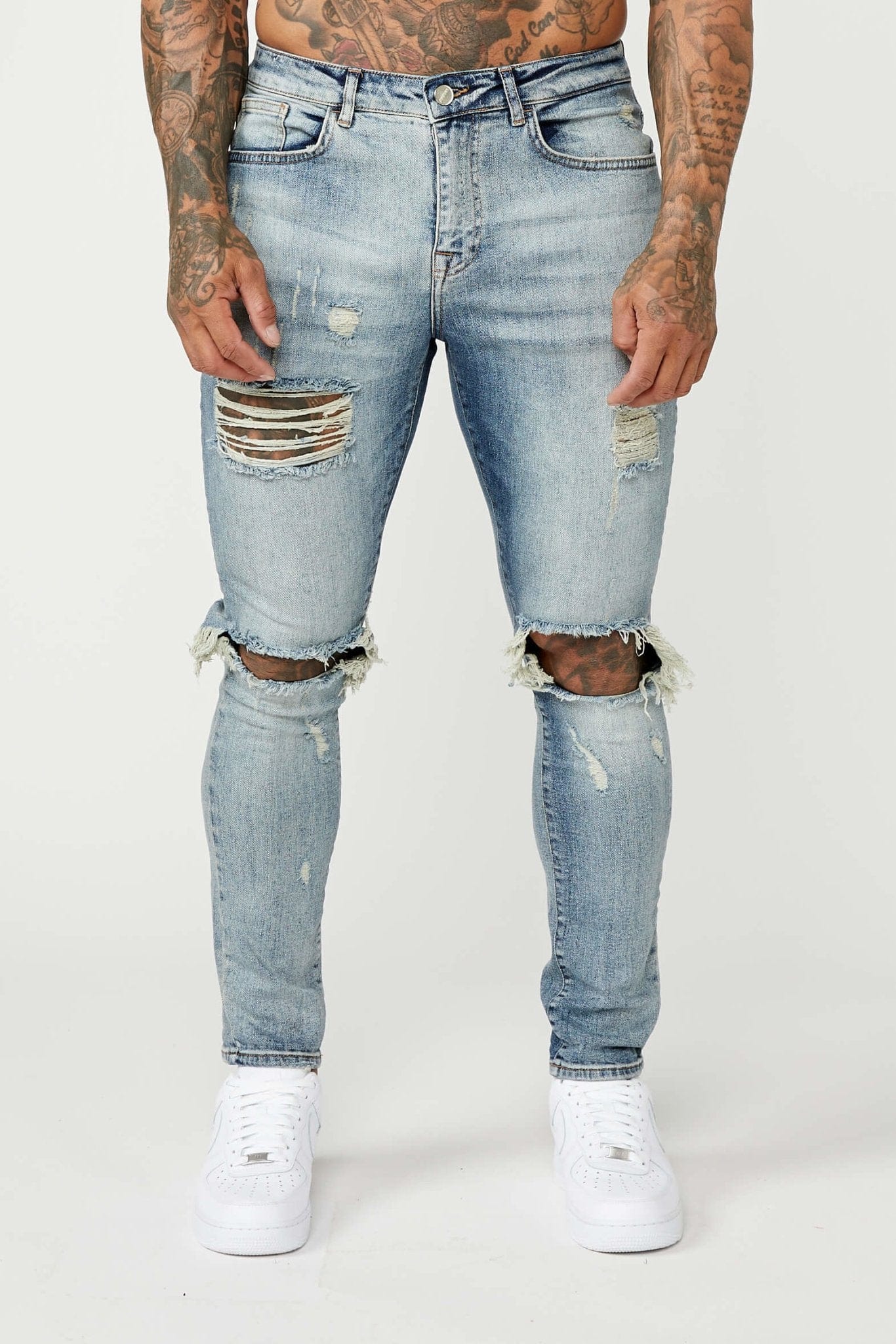 SKINNY FIT JEANS - MID BLUE RIPPED & REPAIRED - Image 5