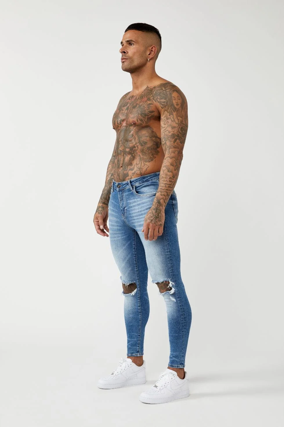 PREMIUM SKINNY FIT JEANS DESTROYED KNEE - MID BLUE WASH - Image 3