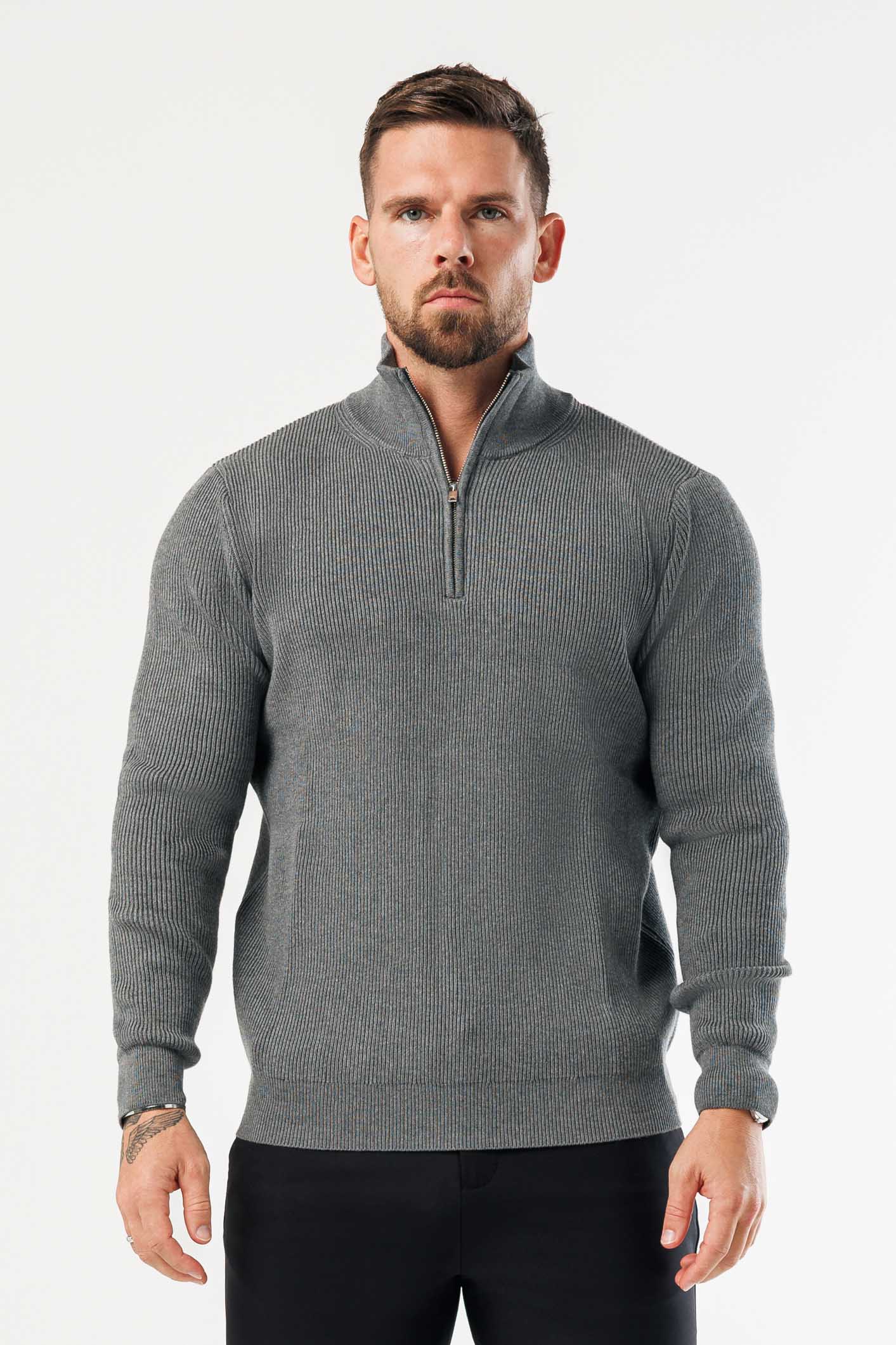 RIDGE KNIT QUARTER ZIP - DARK GREY MARL - Image 3
