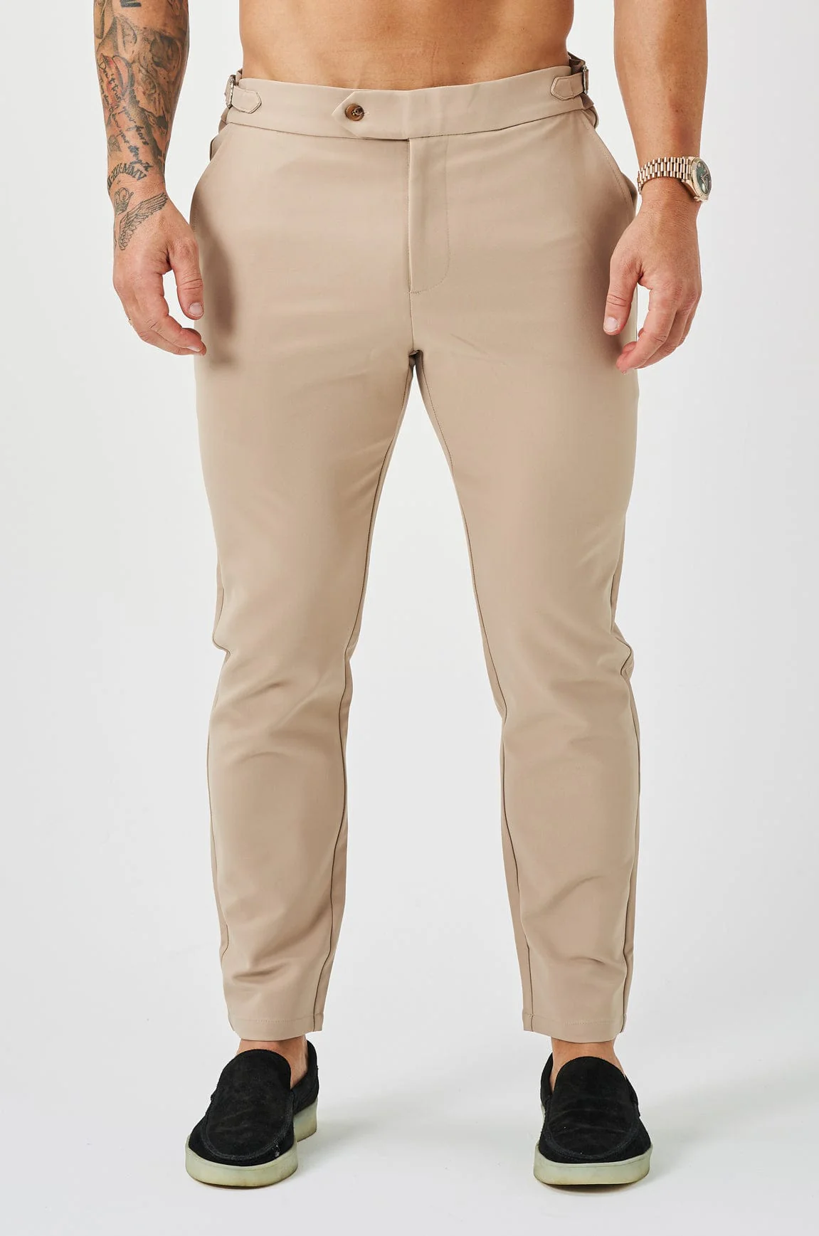 SLIM FIT PLAIN STRETCH TROUSER W/ SIDE CINCH - BEIGE - Image 3