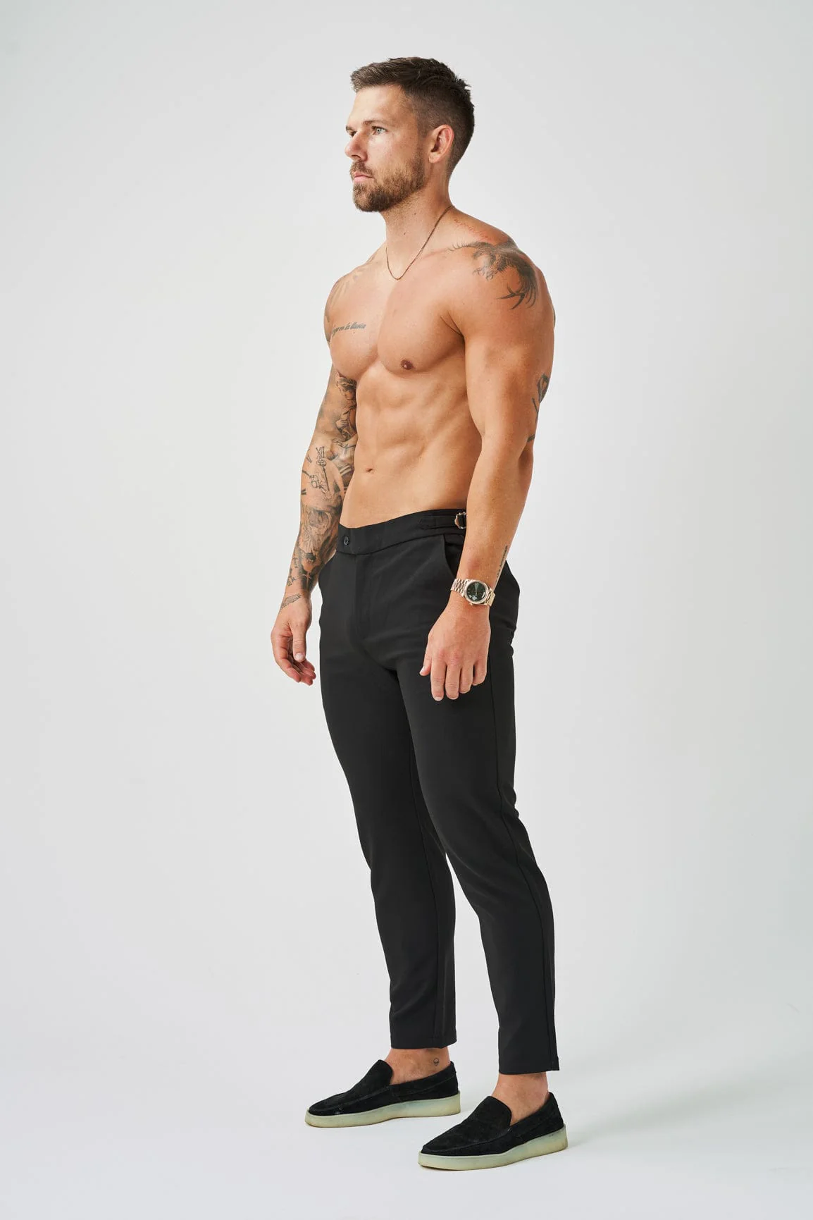 SLIM FIT PLAIN STRETCH TROUSER W/ SIDE CINCH - BLACK - Image 4