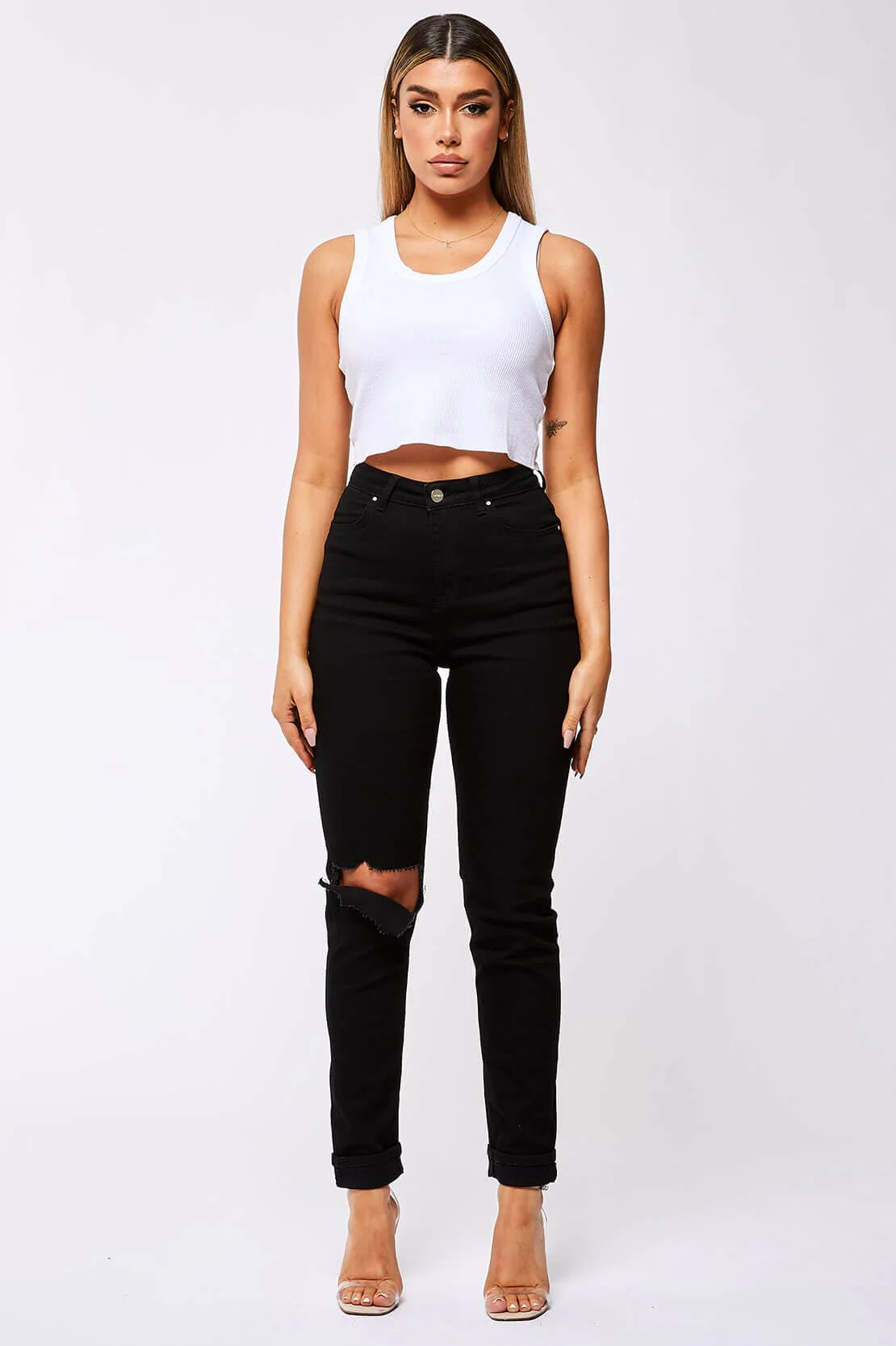 STRAIGHT LEG JEANS - BLACK DESTROYED KNEE