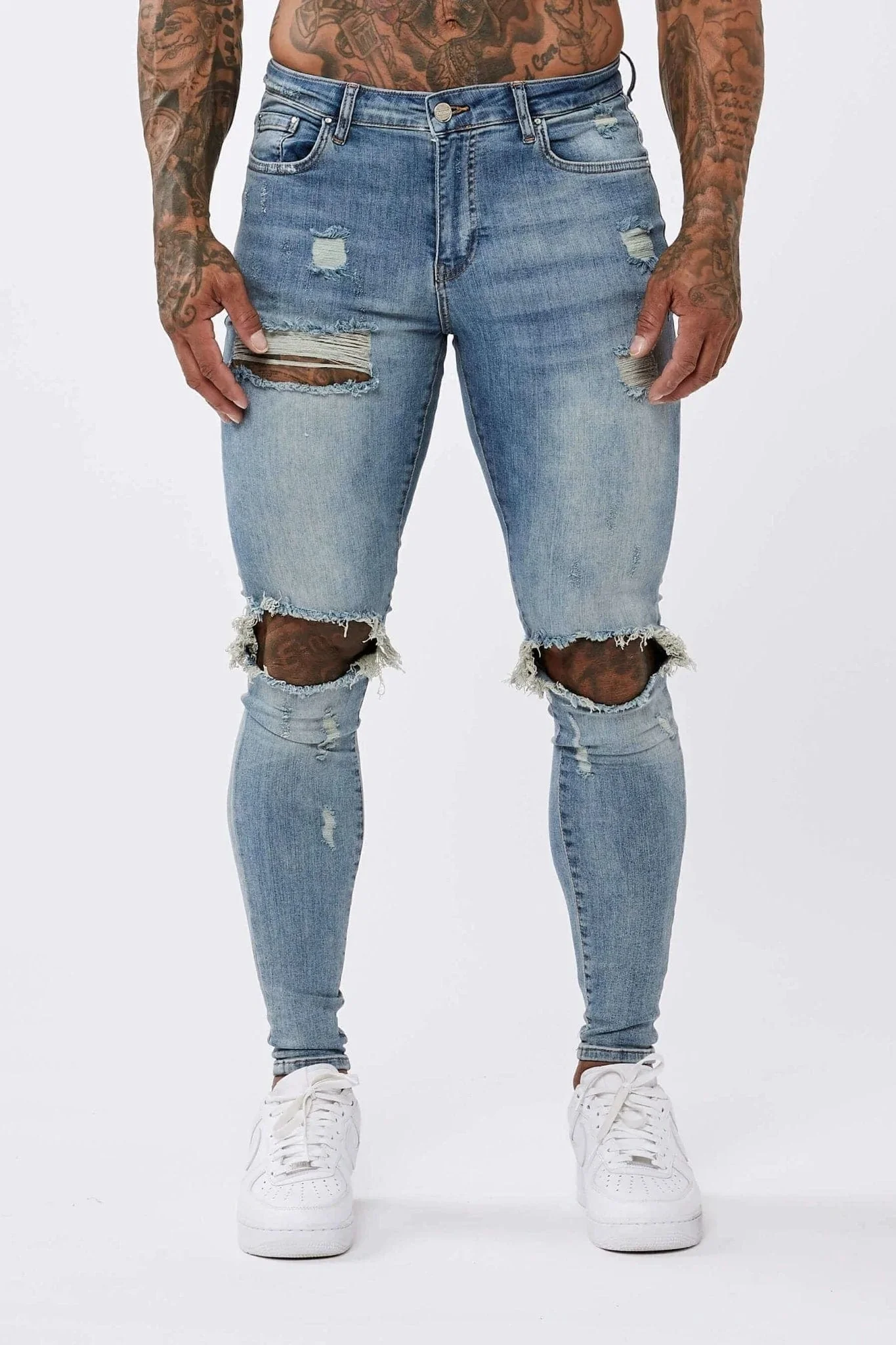 SKINNY FIT JEANS RIPPED & REPAIRED - STRONG WASHED DARK BLUE - Image 3